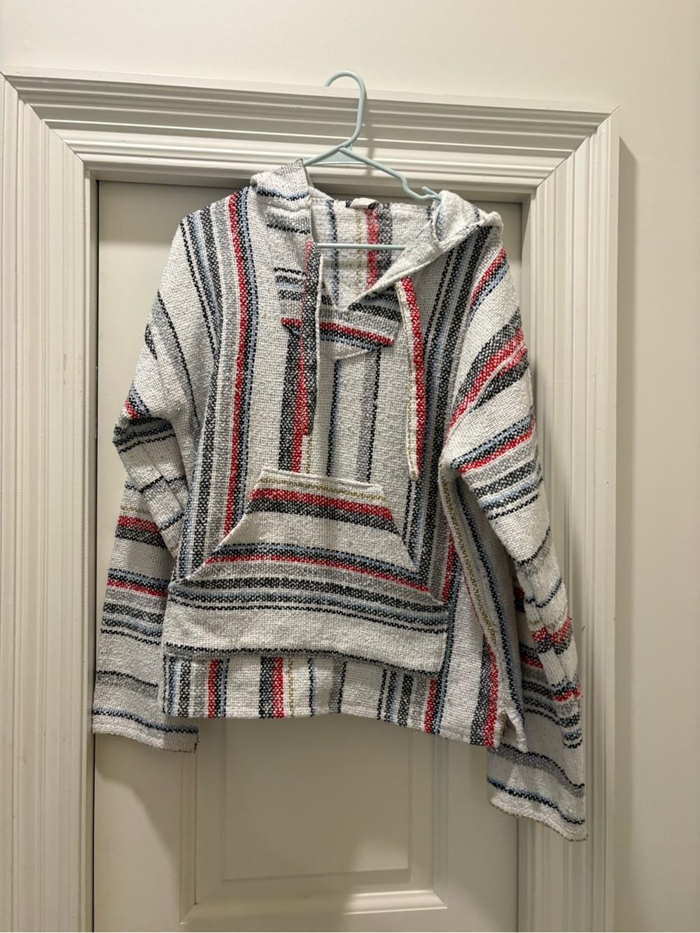 Striped Hooded Baja Pullover Sweater - White with Red & Black Stripes